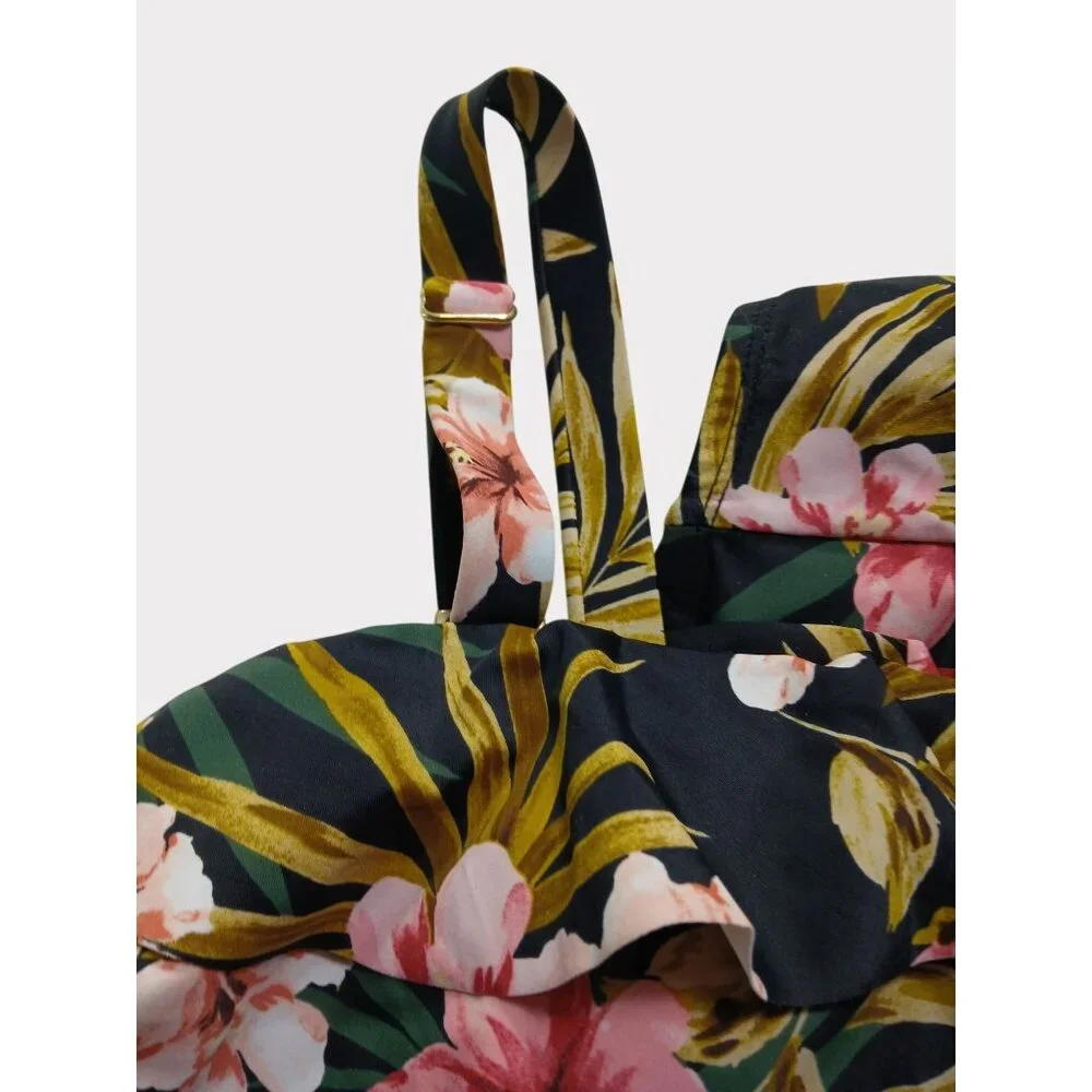 Kona Sol 16W Black Green Pink Floral Ruffle Front One Piece Swimsuit 16W Plus - Picture 9 of 13